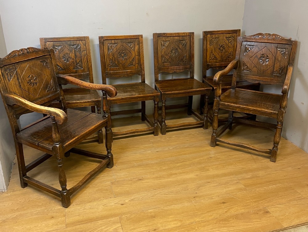 Edwardian set of six oak Jacobean style dining chairs  View II