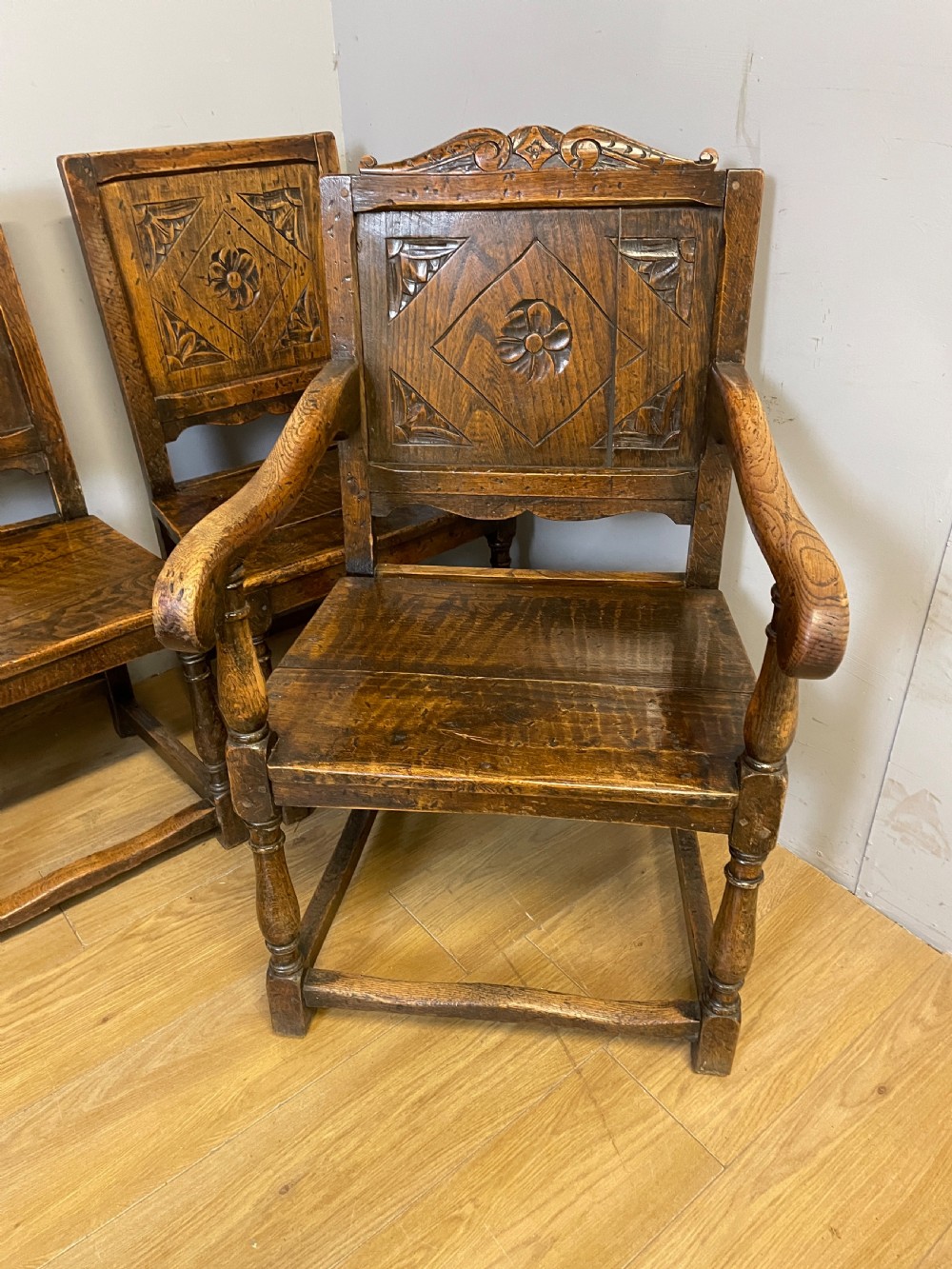 Edwardian set of six oak Jacobean style dining chairs  View III