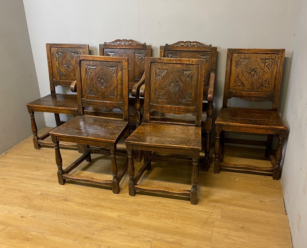 Edwardian set of six oak Jacobean style dining chairs  View IX