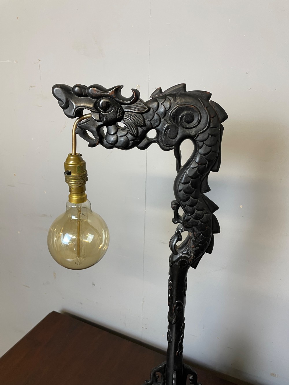 Early C20th carved oriental dragon light  View II