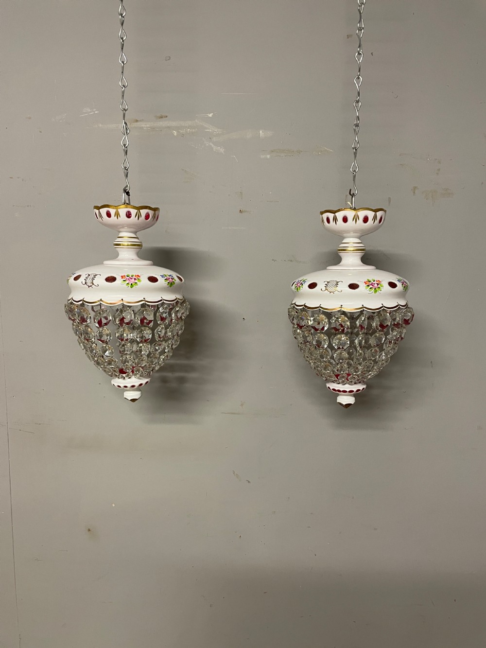 Pair of Bohemian cut and overlaid glass purse chandeliers 
