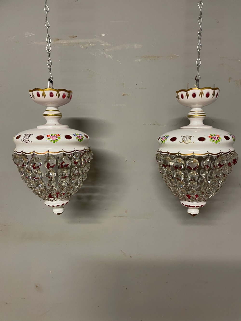 Pair of Bohemian cut and overlaid glass purse chandeliers  View II