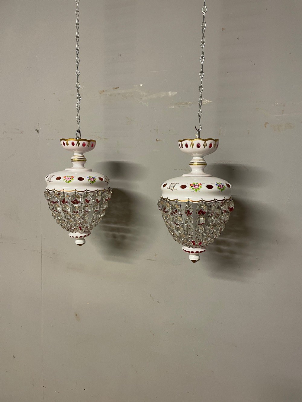 Pair of Bohemian cut and overlaid glass purse chandeliers  View III