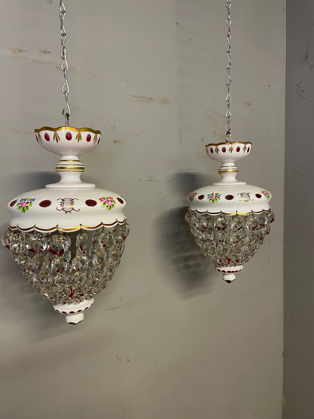 Pair of Bohemian cut and overlaid glass purse chandeliers  View IV