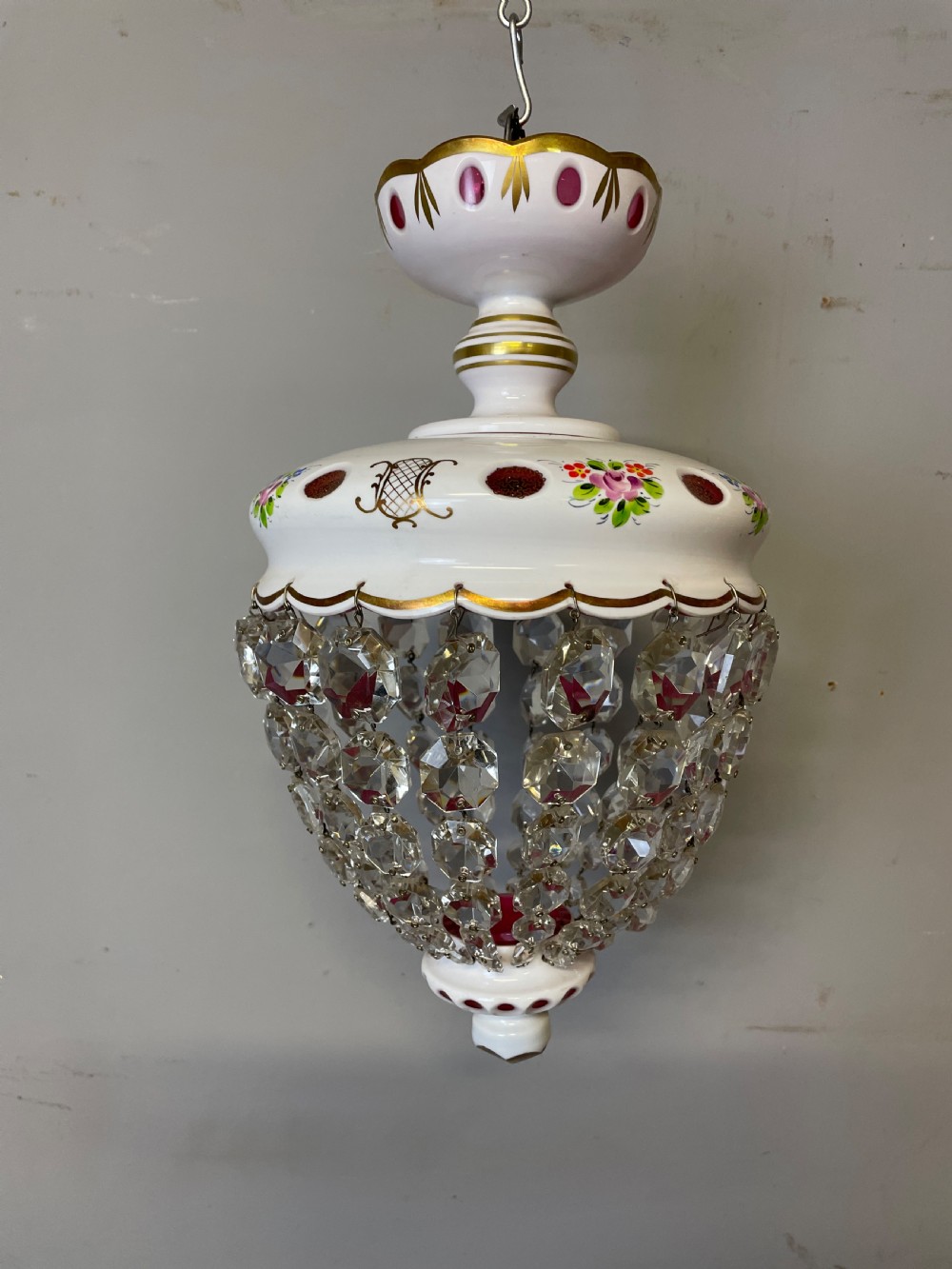 Pair of Bohemian cut and overlaid glass purse chandeliers  View V