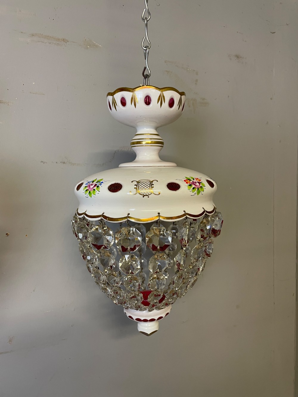 Pair of Bohemian cut and overlaid glass purse chandeliers  View VI