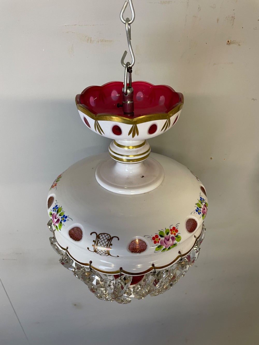 Pair of Bohemian cut and overlaid glass purse chandeliers  View VII