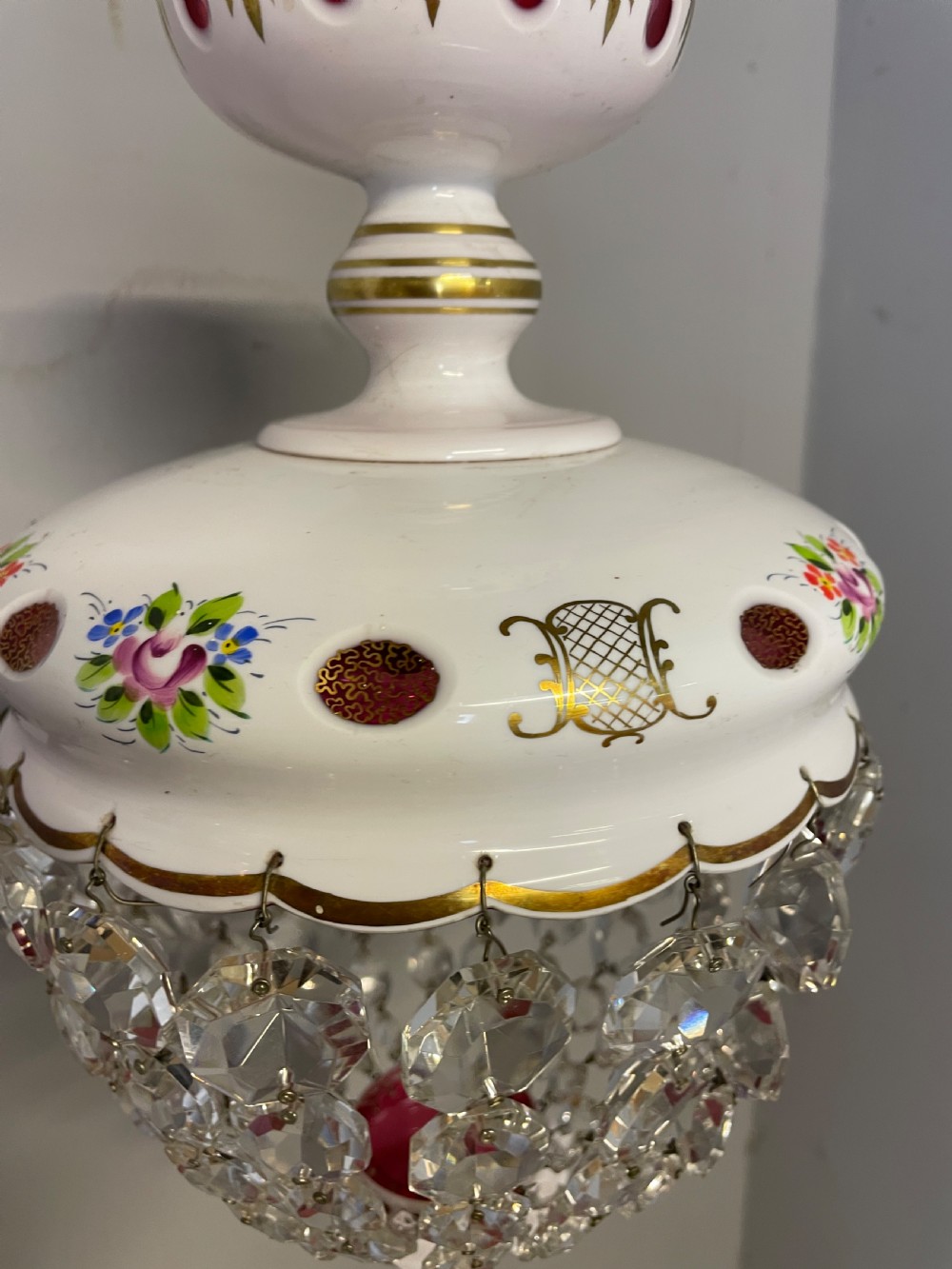 Pair of Bohemian cut and overlaid glass purse chandeliers  View IX