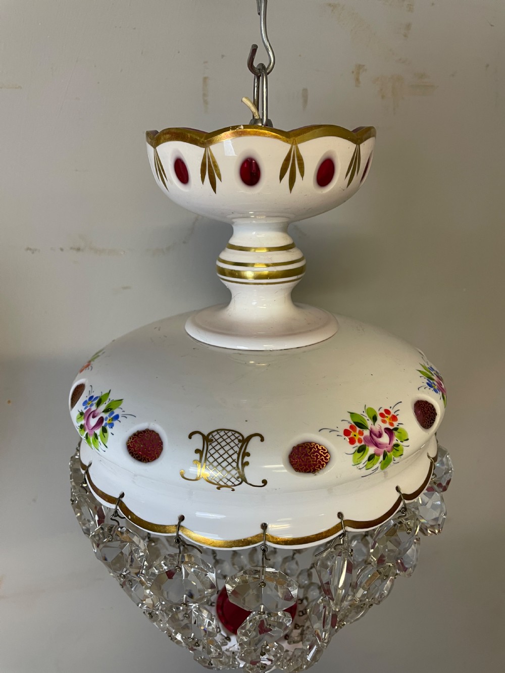 Pair of Bohemian cut and overlaid glass purse chandeliers  View XII