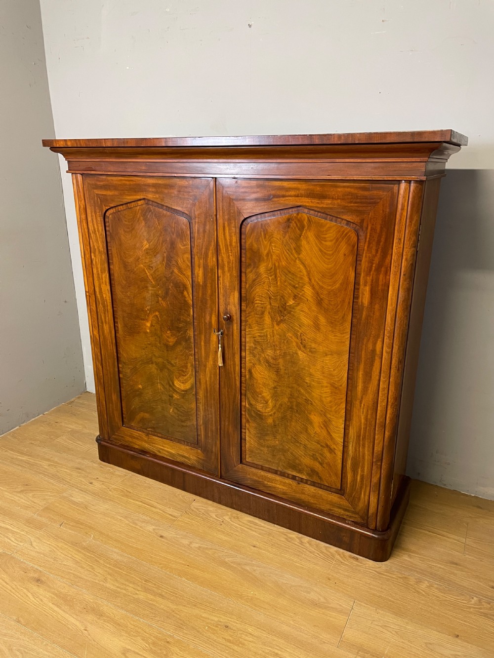 A nineteenth-century flame mahogany two-door library cupboard with arched door panels and a plinth base.