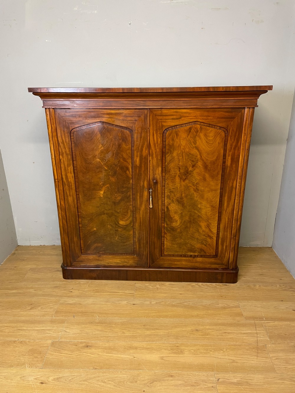 A nineteenth-century flame mahogany two-door library cupboard with arched door panels and a plinth base. View II