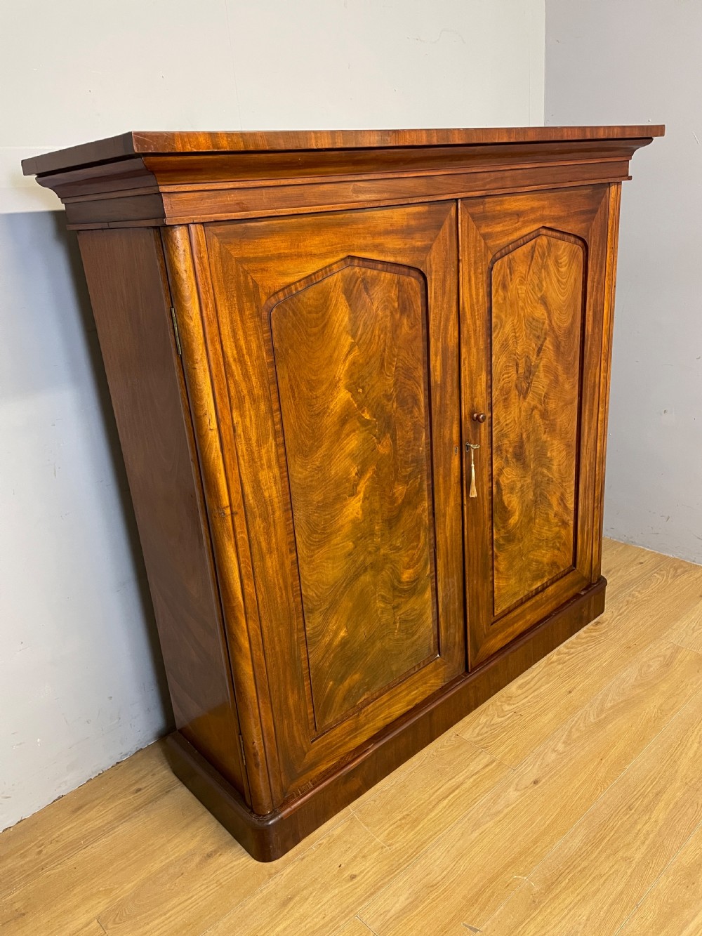 A nineteenth-century flame mahogany two-door library cupboard with arched door panels and a plinth base. View III
