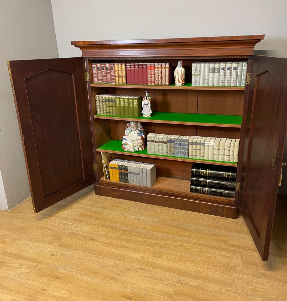 A nineteenth-century flame mahogany two-door library cupboard with arched door panels and a plinth base. View VIII
