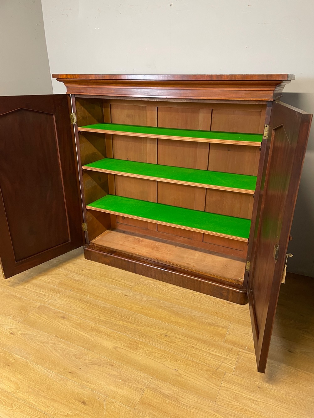 A nineteenth-century flame mahogany two-door library cupboard with arched door panels and a plinth base. View XIII
