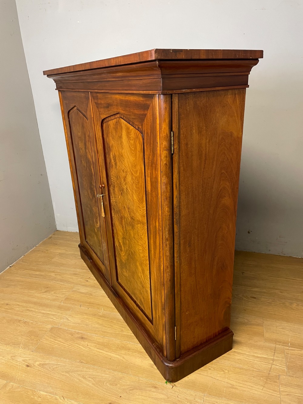 A nineteenth-century flame mahogany two-door library cupboard with arched door panels and a plinth base. View XIV