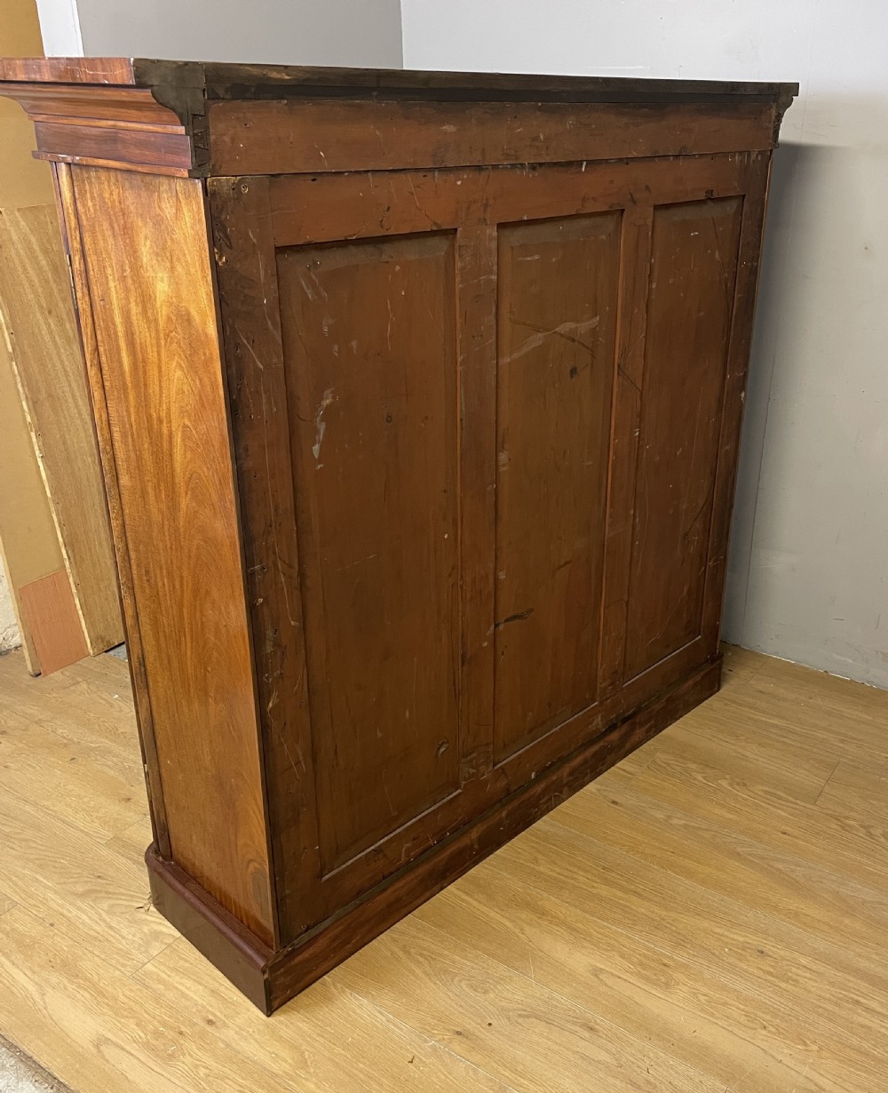 A nineteenth-century flame mahogany two-door library cupboard with arched door panels and a plinth base. View XV