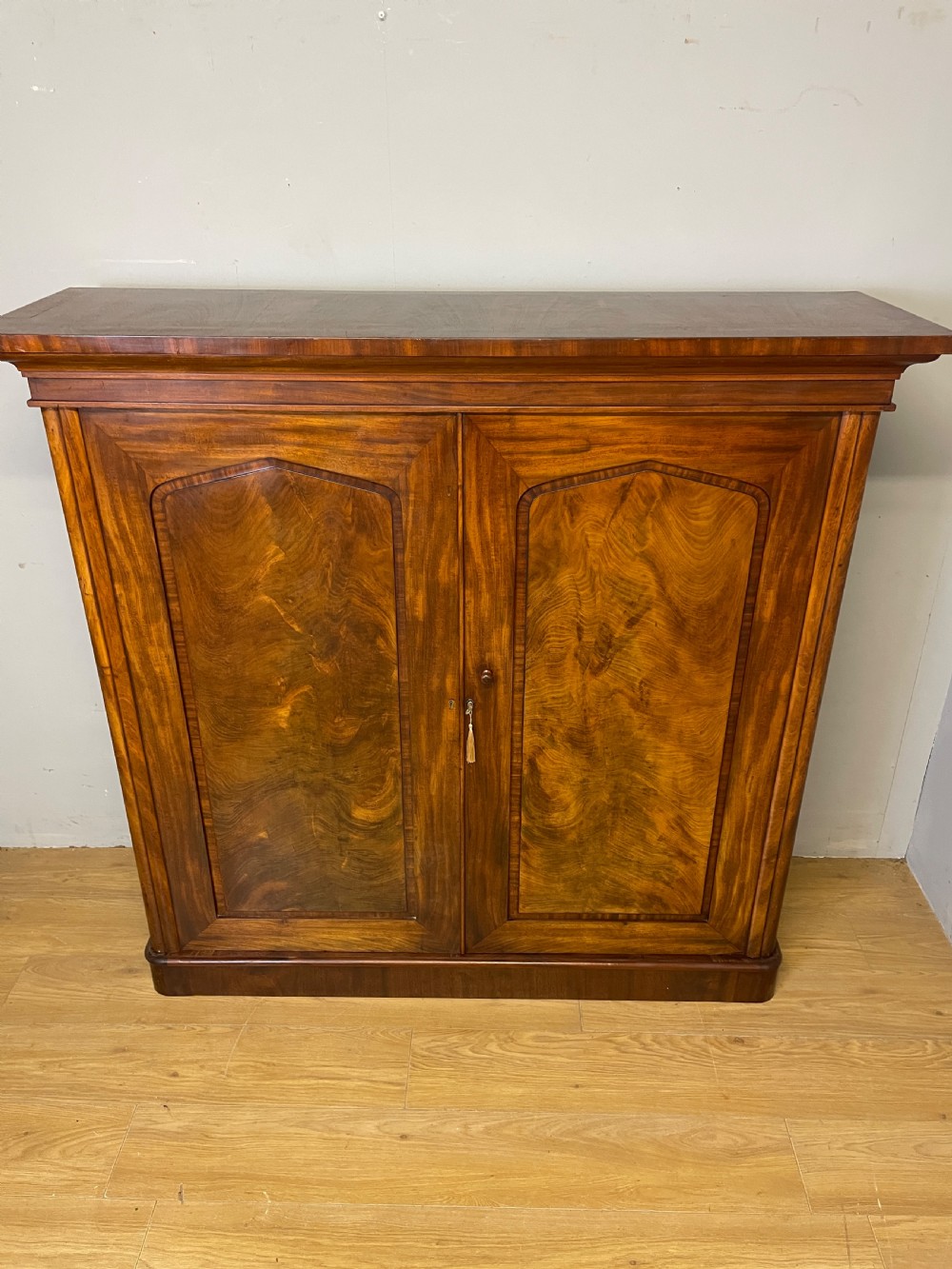 A nineteenth-century flame mahogany two-door library cupboard with arched door panels and a plinth base. View XVI