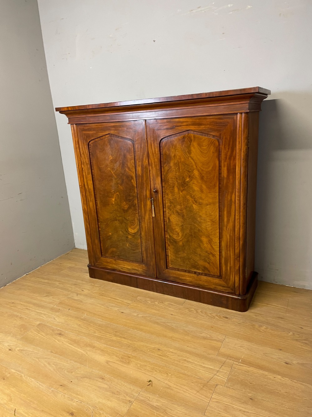 A nineteenth-century flame mahogany two-door library cupboard with arched door panels and a plinth base. View XVIII