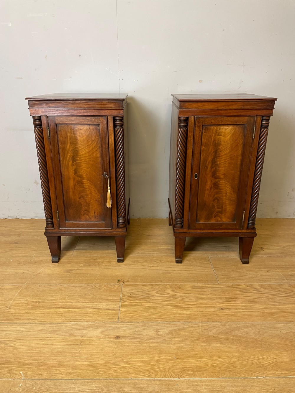 Pair of Regency flame mahogany bedside cabinets circa 1830  View II