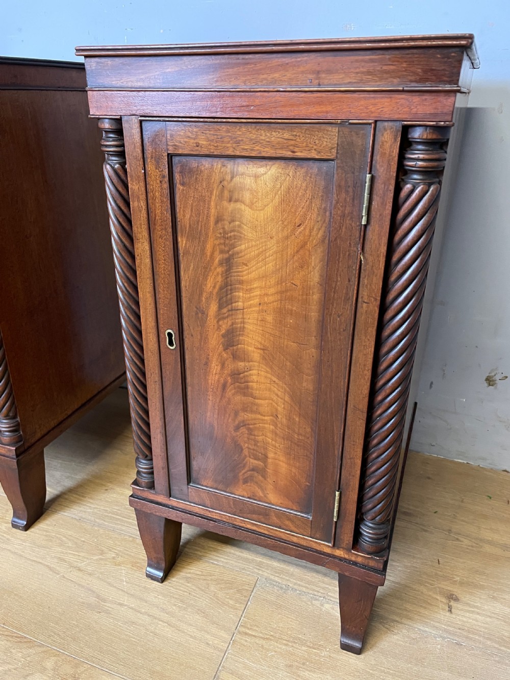 Pair of Regency flame mahogany bedside cabinets circa 1830  View III