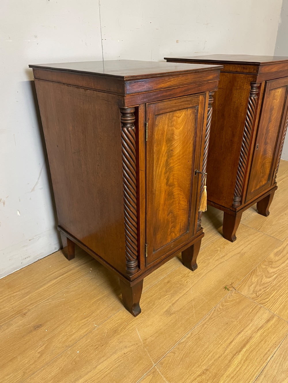 Pair of Regency flame mahogany bedside cabinets circa 1830  View IV