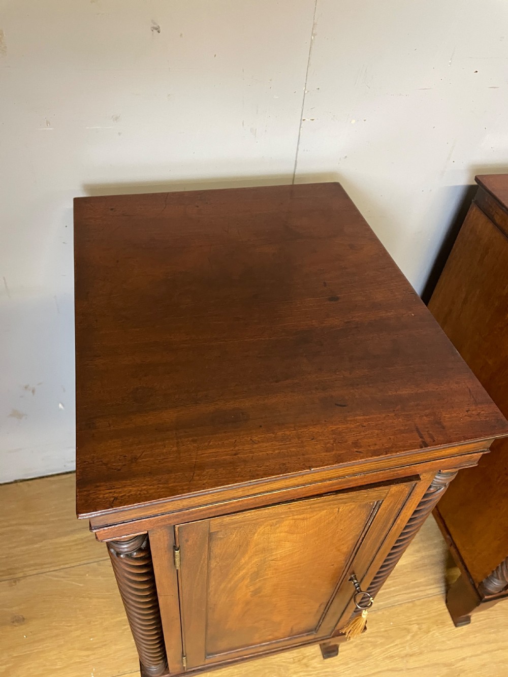 Pair of Regency flame mahogany bedside cabinets circa 1830  View VI