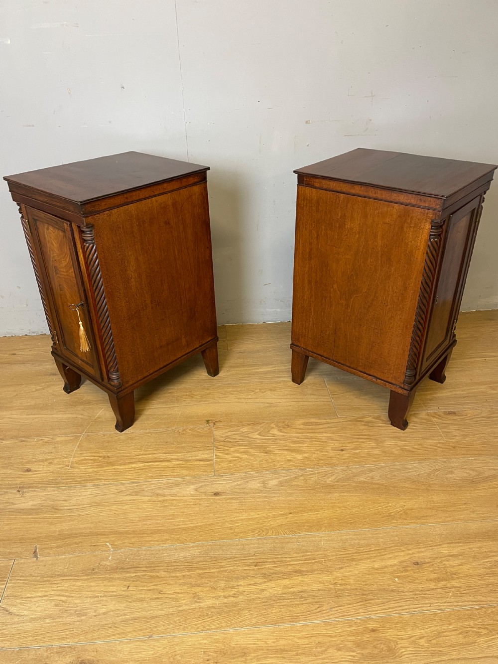 Pair of Regency flame mahogany bedside cabinets circa 1830  View IX