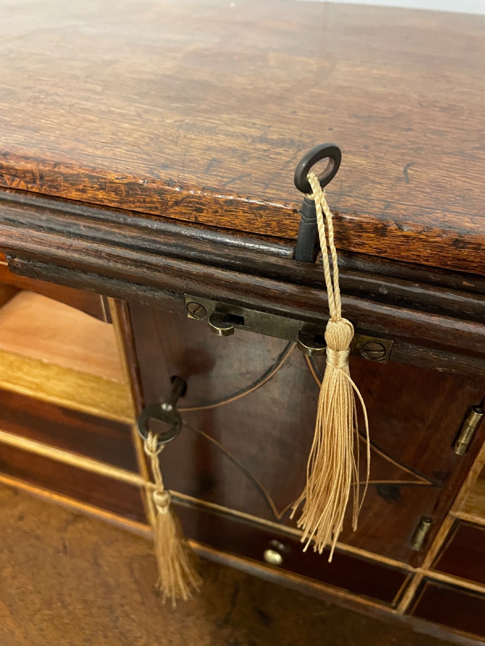 A Georgian mahogany bureau cabinet featuring a curved slatted tambour shutter above four small drawers and two wide drawers with brass handles. View XIII