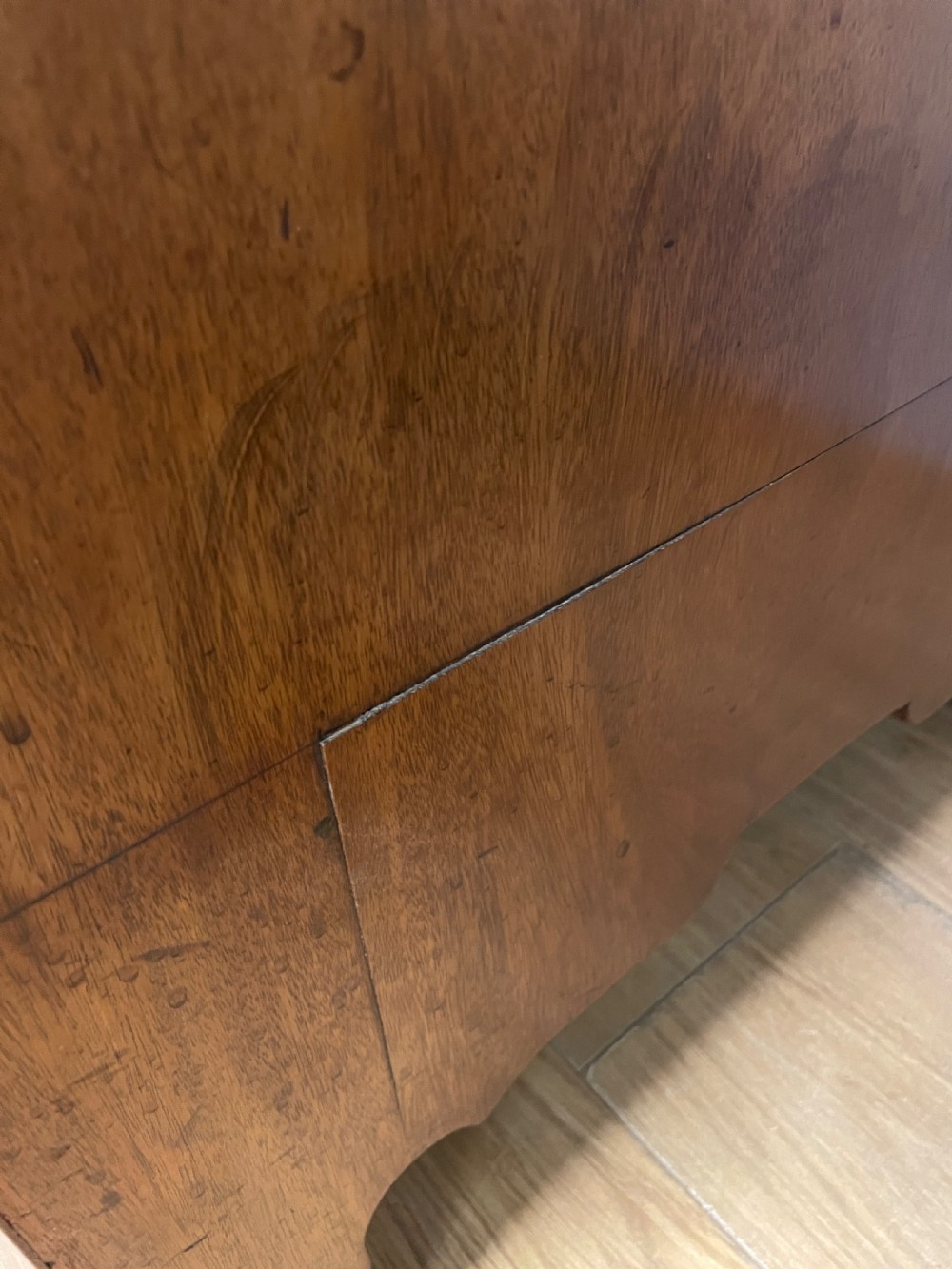 A Georgian mahogany bureau cabinet featuring a curved slatted tambour shutter above four small drawers and two wide drawers with brass handles. View XX