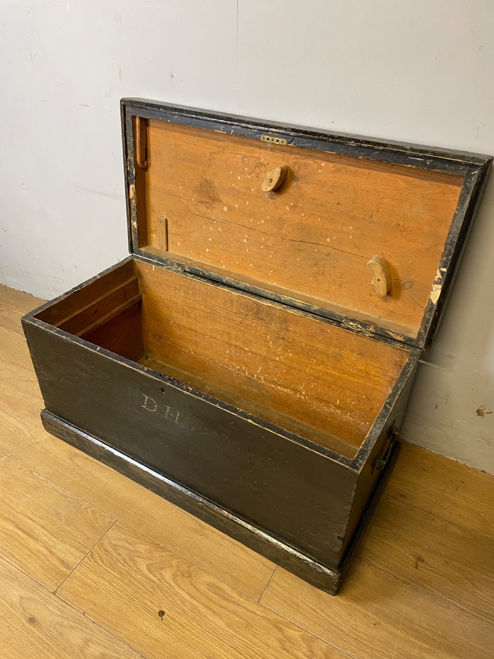 C19TH pine tool box with original painted finish and brass handles  View V
