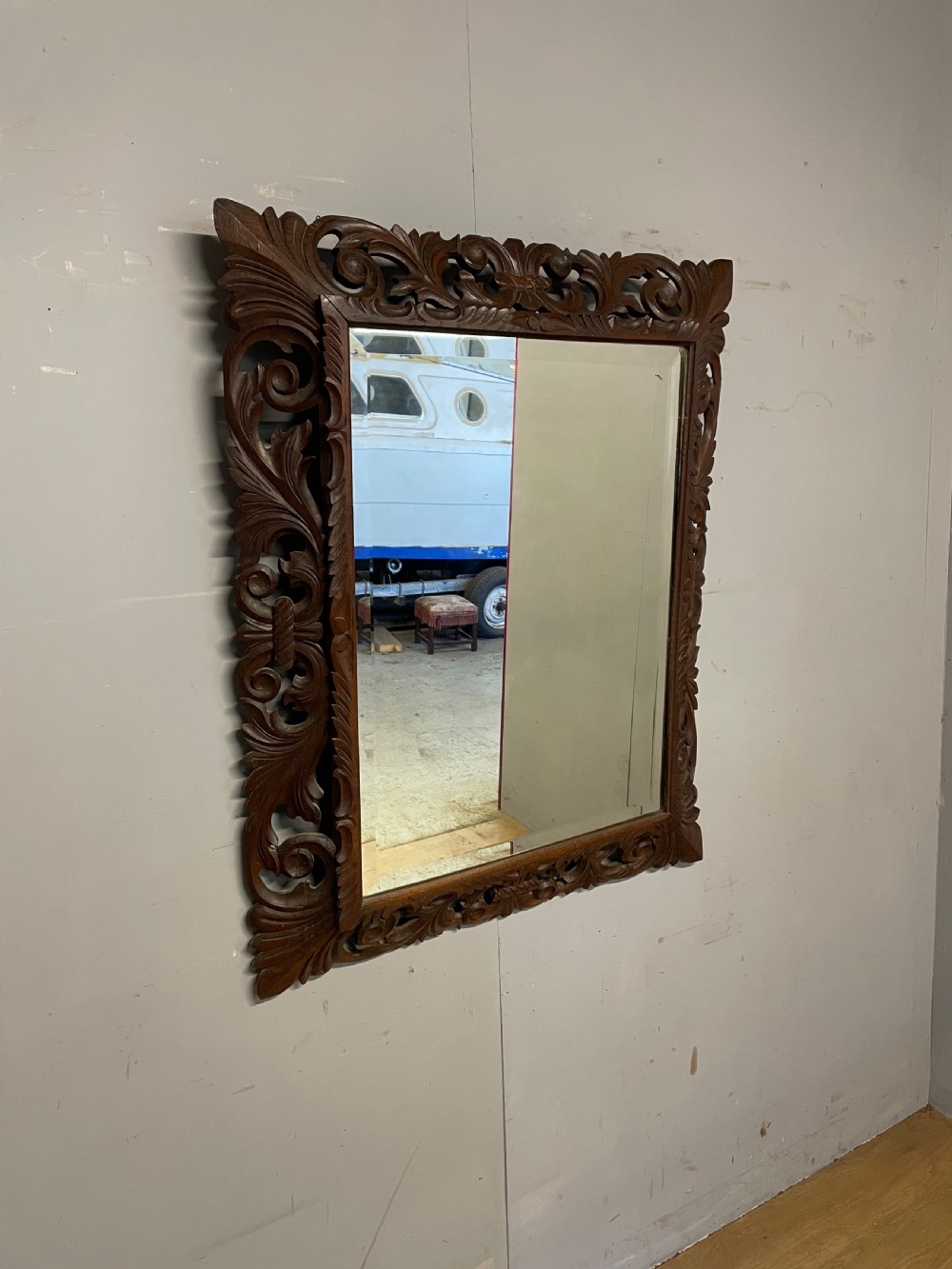 Large C19TH carved oak framed mirror  View II