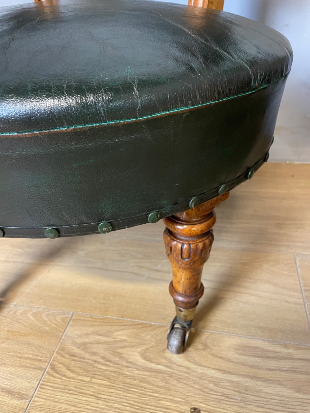 Near pair of C19th century golden oak framed green leather tub chairs  View IV