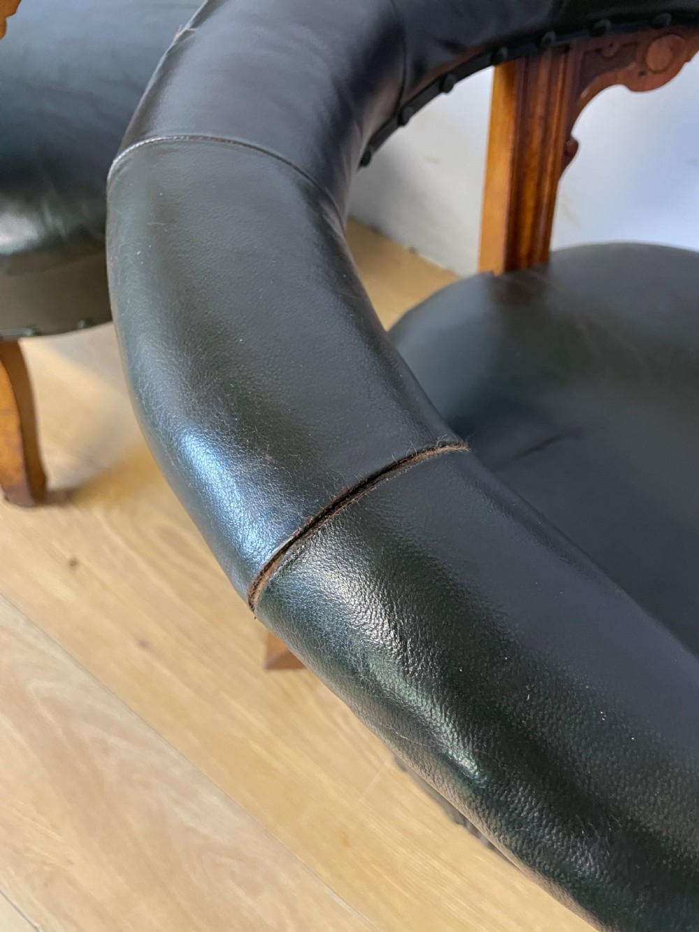Near pair of C19th century golden oak framed green leather tub chairs  View X