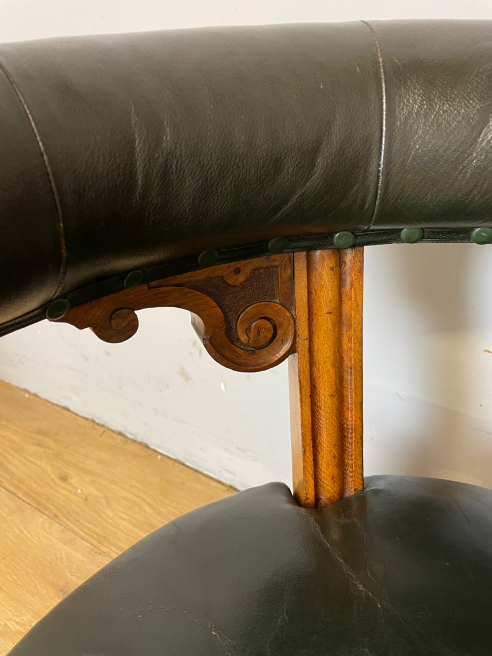 Near pair of C19th century golden oak framed green leather tub chairs  View XII