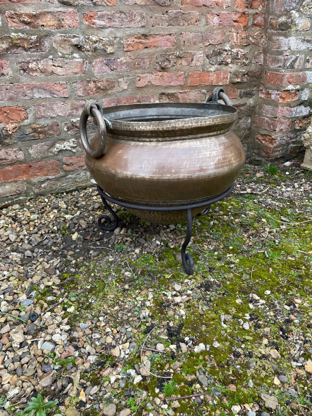 Oriental brass log bin on iron tripod stand circa 1920 View V