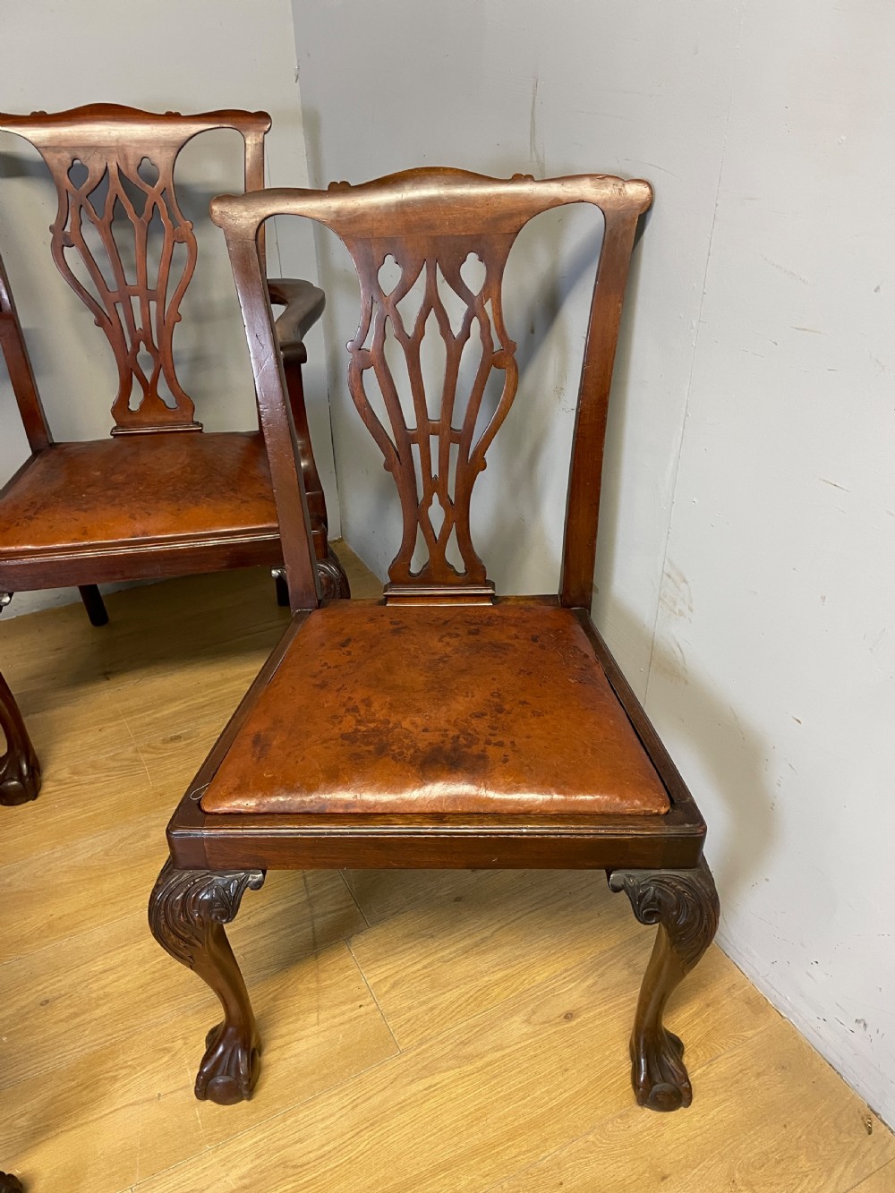  Edwardian set of six mahogany Chippendale style dining chairs on ball and claw feet View V