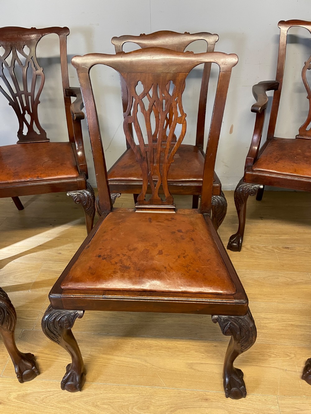  Edwardian set of six mahogany Chippendale style dining chairs on ball and claw feet View VI