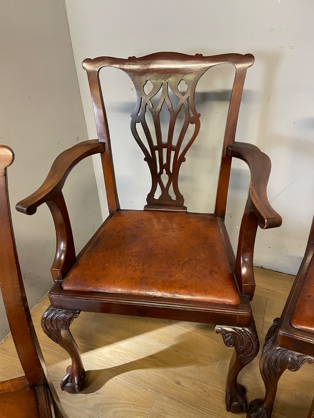  Edwardian set of six mahogany Chippendale style dining chairs on ball and claw feet View IX