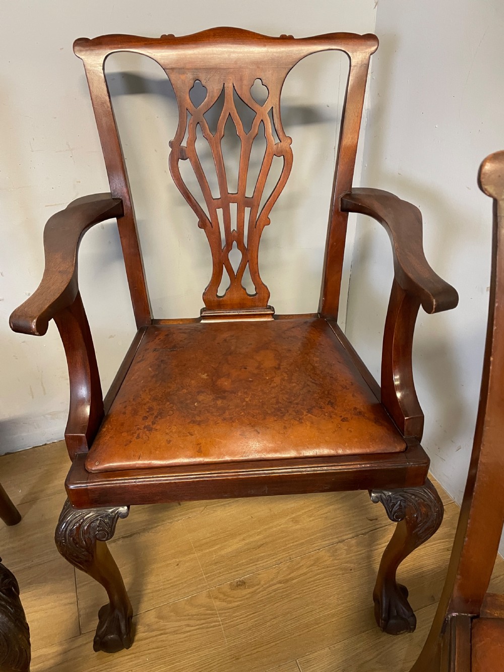  Edwardian set of six mahogany Chippendale style dining chairs on ball and claw feet View X
