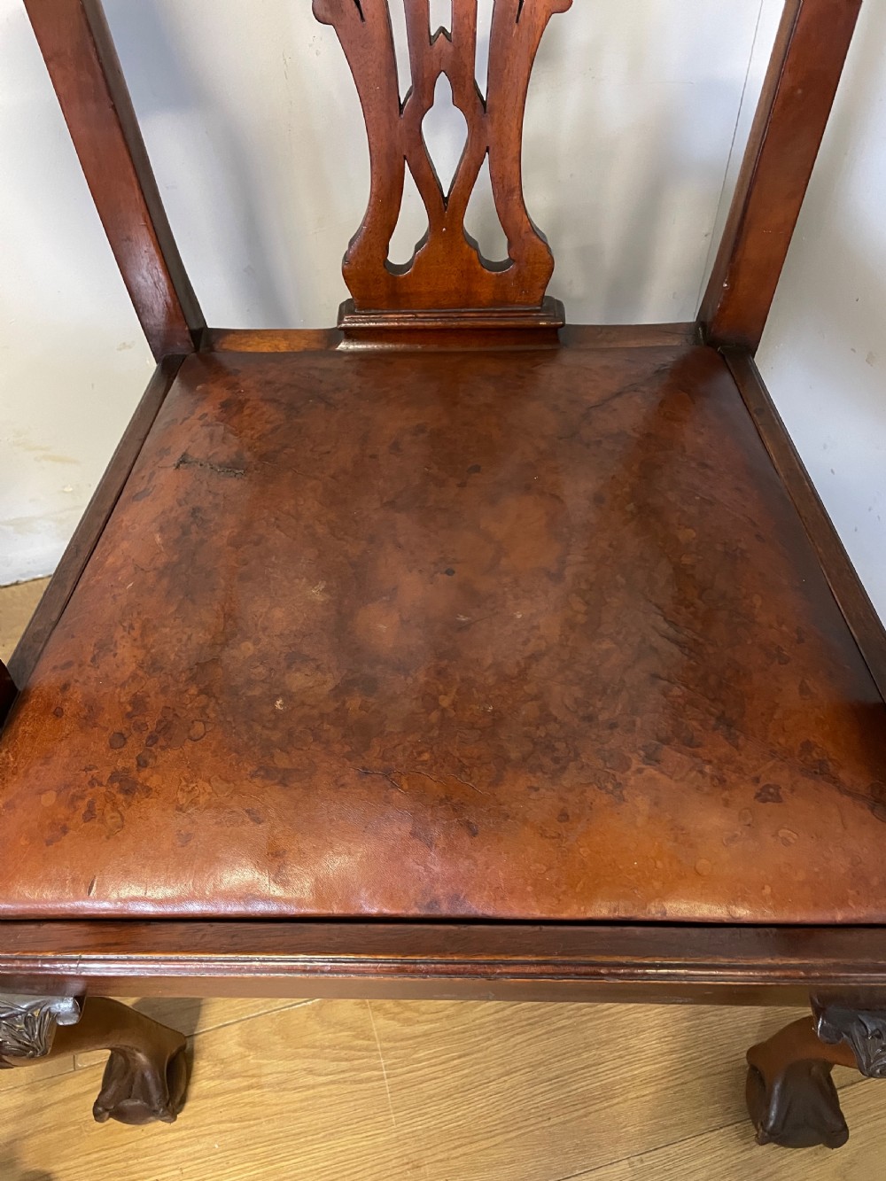  Edwardian set of six mahogany Chippendale style dining chairs on ball and claw feet View XI