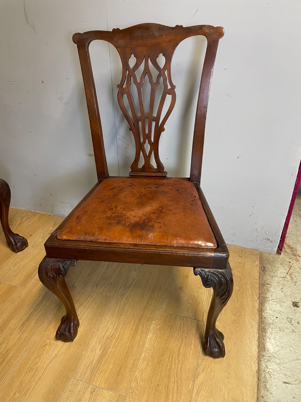  Edwardian set of six mahogany Chippendale style dining chairs on ball and claw feet View XIII