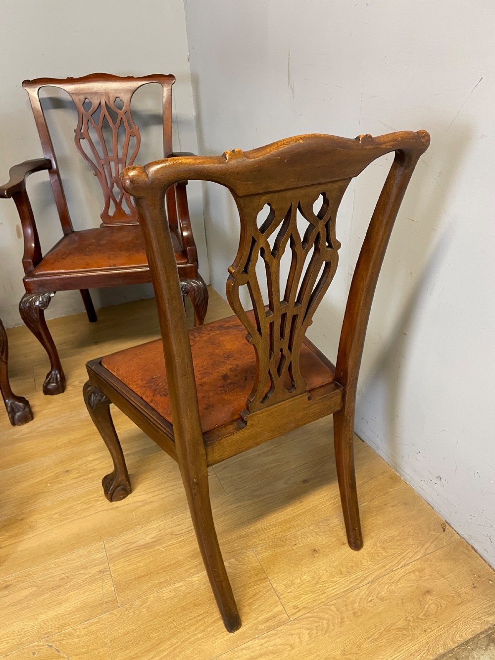  Edwardian set of six mahogany Chippendale style dining chairs on ball and claw feet View XV