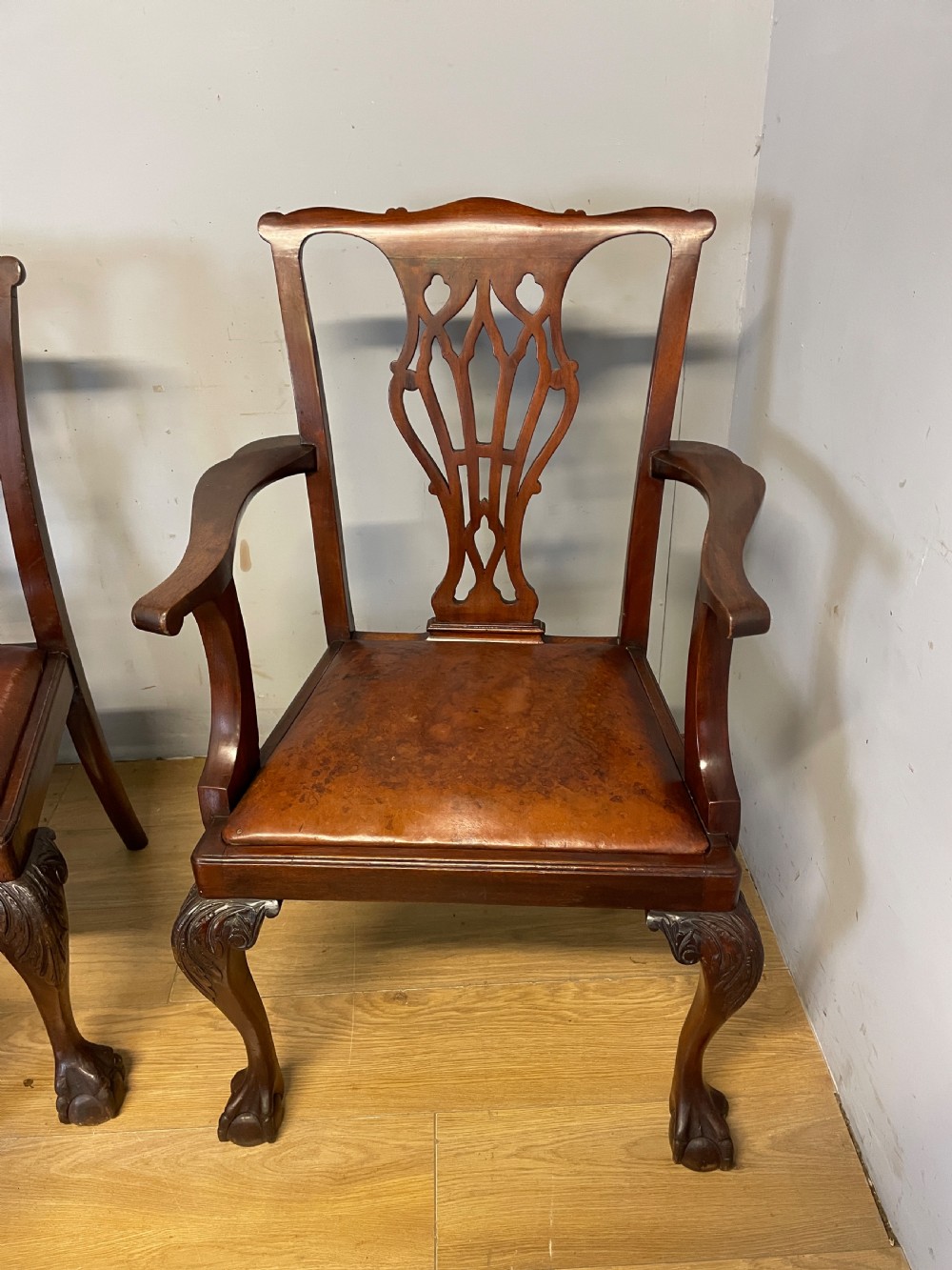  Edwardian set of six mahogany Chippendale style dining chairs on ball and claw feet View XVI