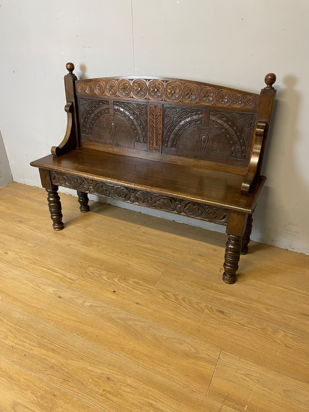 C19TH carved oak bench of small proportions 