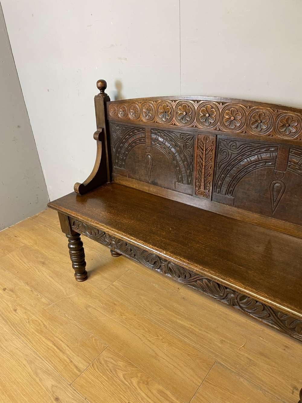 C19TH carved oak bench of small proportions  View III