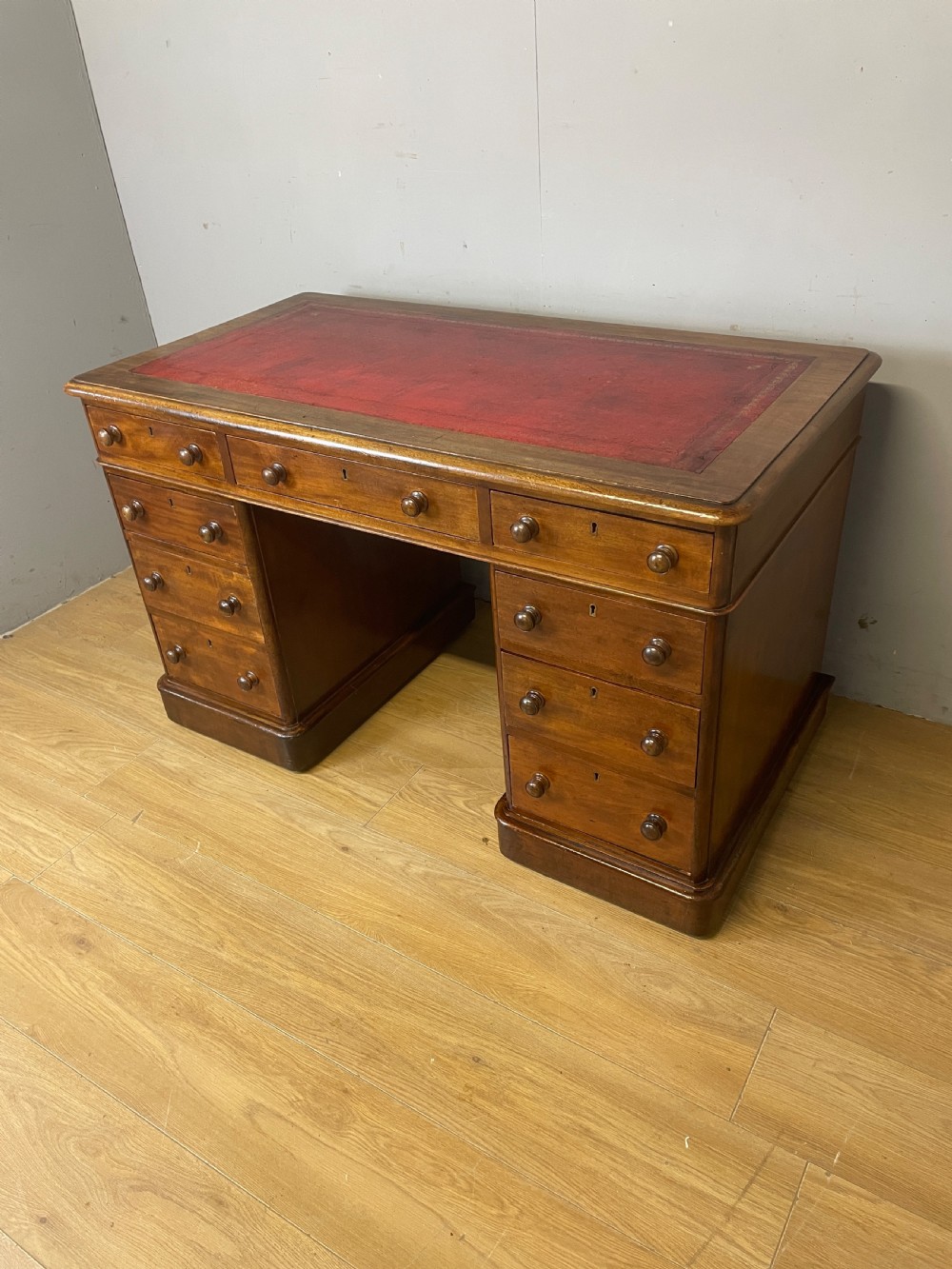 C19TH mahogany three part twin pedestal desk with leather top