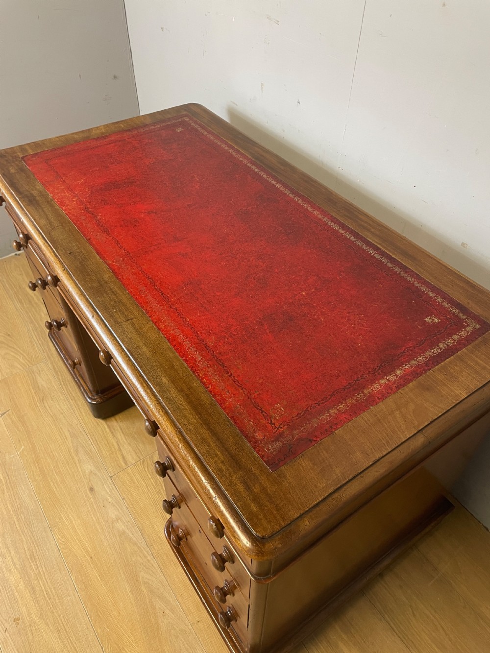 C19TH mahogany three part twin pedestal desk with leather top View VI