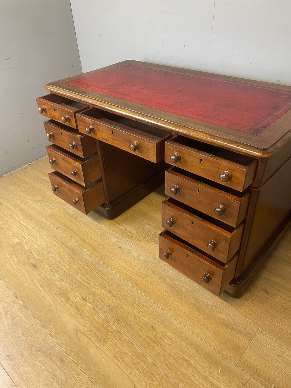 C19TH mahogany three part twin pedestal desk with leather top View VIII