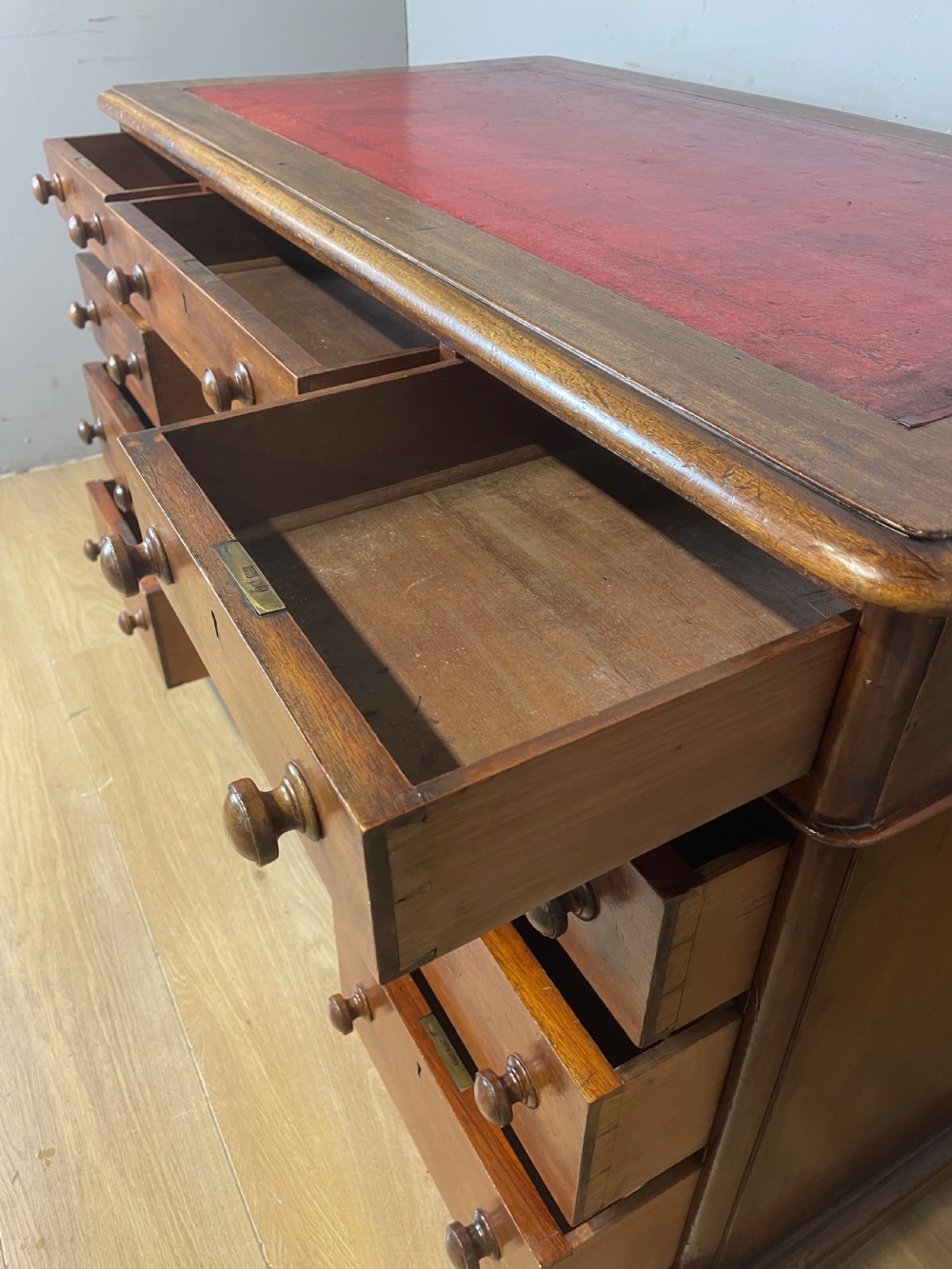 C19TH mahogany three part twin pedestal desk with leather top View IX