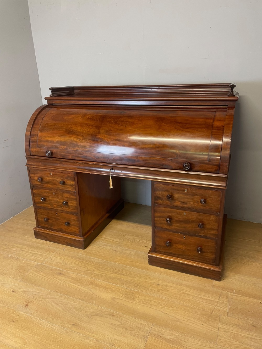 C19TH flame mahogany  twin pedestal three part cylinder desk 